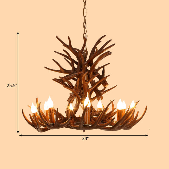 Faux Antler Resin Chandelier Lighting Cottage 9/12 Heads Restaurant Hanging Pendant Light in Brown