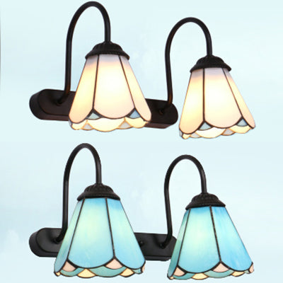 Modern Black Vanity Wall Light with Tiffany White/Blue Glass Cone Sconces - Ideal for Bedroom