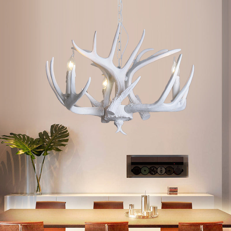Traditional Resin Chandelier with Antler Design - White Candle Pendant Lamp (3/4/5 Lights) for Living Room Ceiling