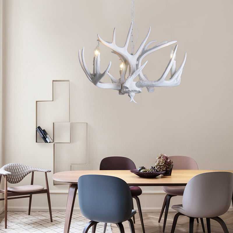 Traditional Resin Chandelier with Antler Design - White Candle Pendant Lamp (3/4/5 Lights) for Living Room Ceiling