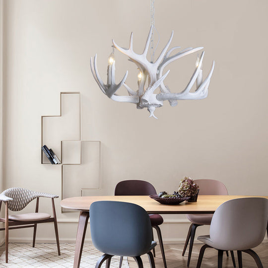 Traditional Resin Chandelier with Antler Design - White Candle Pendant Lamp (3/4/5 Lights) for Living Room Ceiling