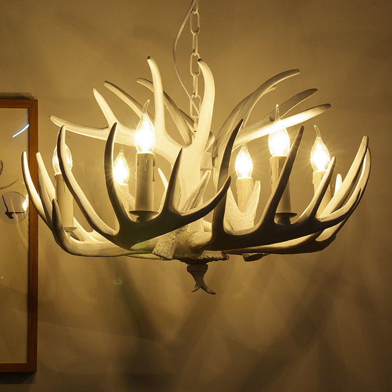 Traditional Resin Chandelier with Antler Design - White Candle Pendant Lamp (3/4/5 Lights) for Living Room Ceiling