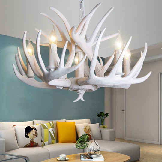 Traditional Resin Chandelier with Antler Design - White Candle Pendant Lamp (3/4/5 Lights) for Living Room Ceiling