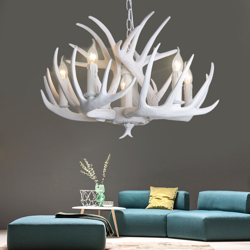 Traditional Resin Chandelier with Antler Design - White Candle Pendant Lamp (3/4/5 Lights) for Living Room Ceiling