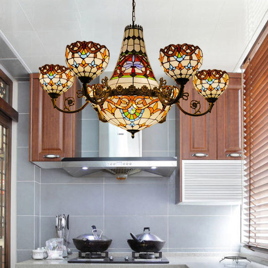 Tiffany Brass Dining Room Chandelier - 11/13 Lights Pendant with Stained Glass Shade - 39"/47" Width