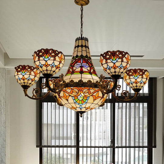 Tiffany Brass Dining Room Chandelier - 11/13 Lights Pendant with Stained Glass Shade - 39"/47" Width