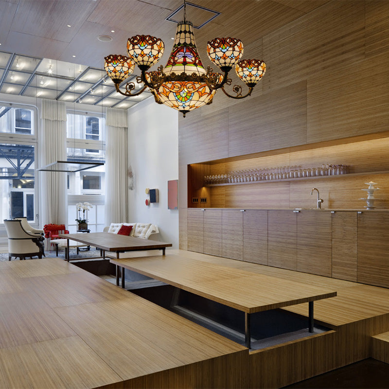 Tiffany Brass Dining Room Chandelier - 11/13 Lights Pendant with Stained Glass Shade - 39"/47" Width