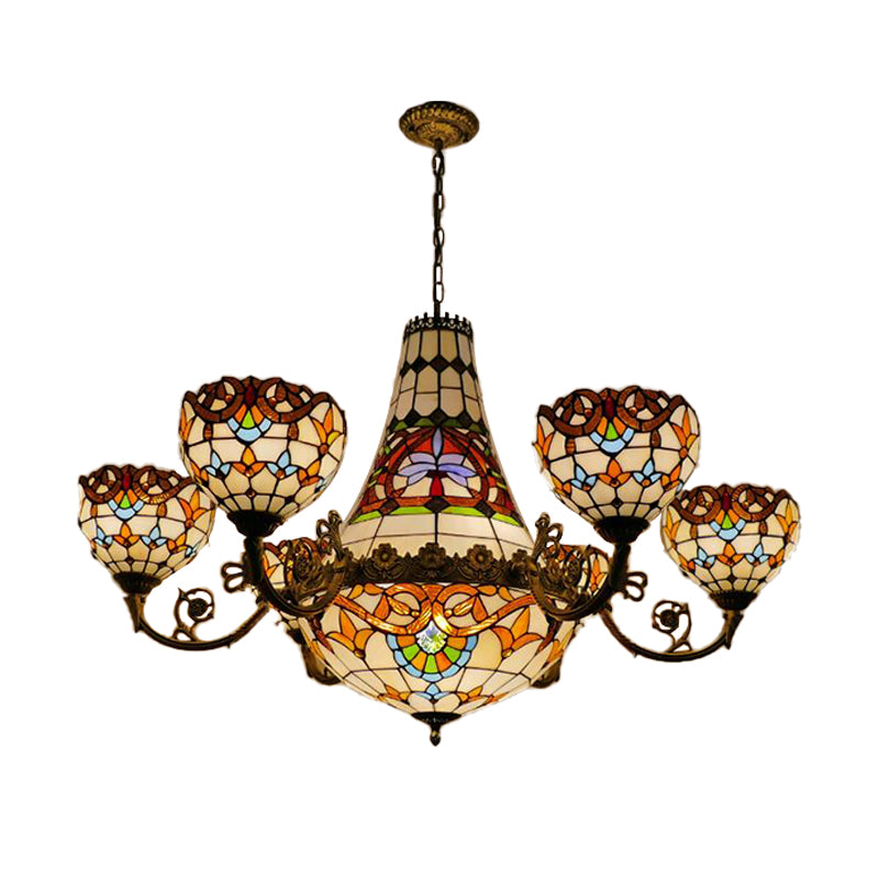 Tiffany Brass Dining Room Chandelier - 11/13 Lights Pendant with Stained Glass Shade - 39"/47" Width