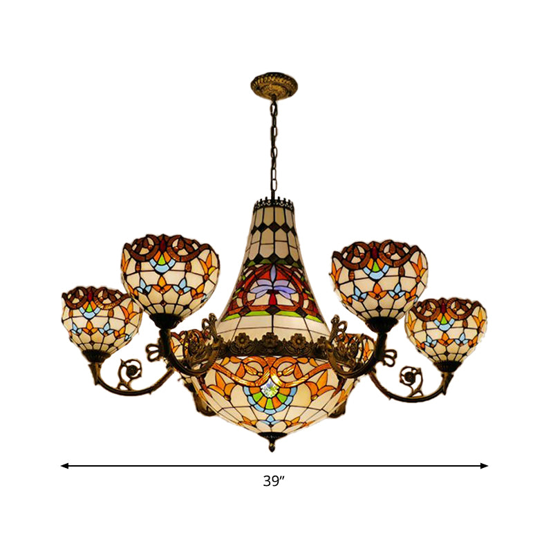 Tiffany Brass Dining Room Chandelier - 11/13 Lights Pendant with Stained Glass Shade - 39"/47" Width