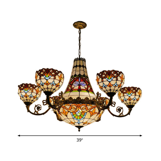 Tiffany Brass Dining Room Chandelier - 11/13 Lights Pendant with Stained Glass Shade - 39"/47" Width