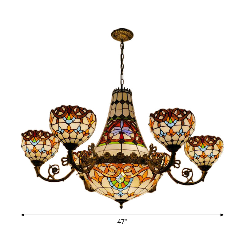 Tiffany Brass Dining Room Chandelier - 11/13 Lights Pendant with Stained Glass Shade - 39"/47" Width