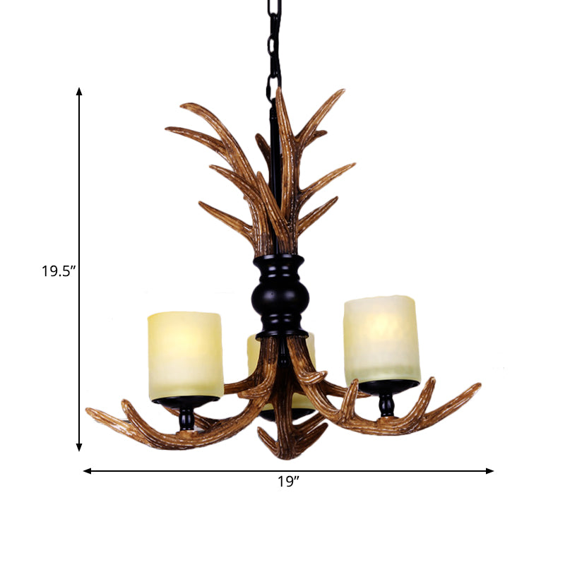 3 Bulbs Resin Chandelier Lighting Traditionary Brown Deer Antler Living Room Hanging Pendant Lamp with White Frosted Glass Cylindrical Shade