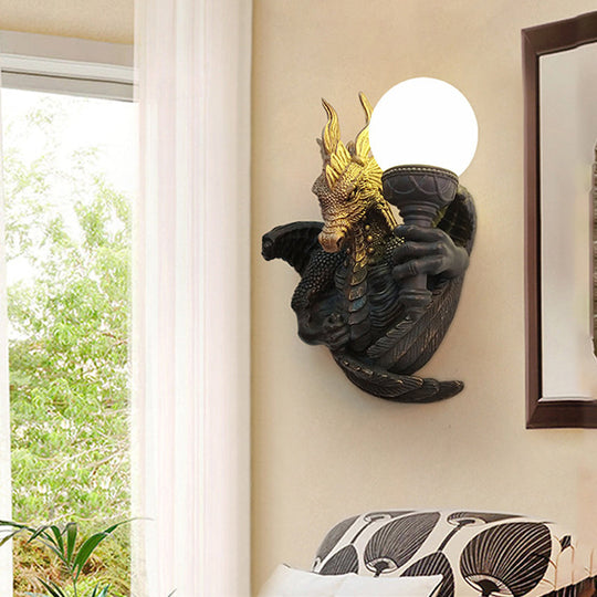 Black Glass Wall Sconce with Dragon Resin Backplate - Traditional Light Fixture