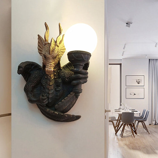 Black Glass Wall Sconce with Dragon Resin Backplate - Traditional Light Fixture