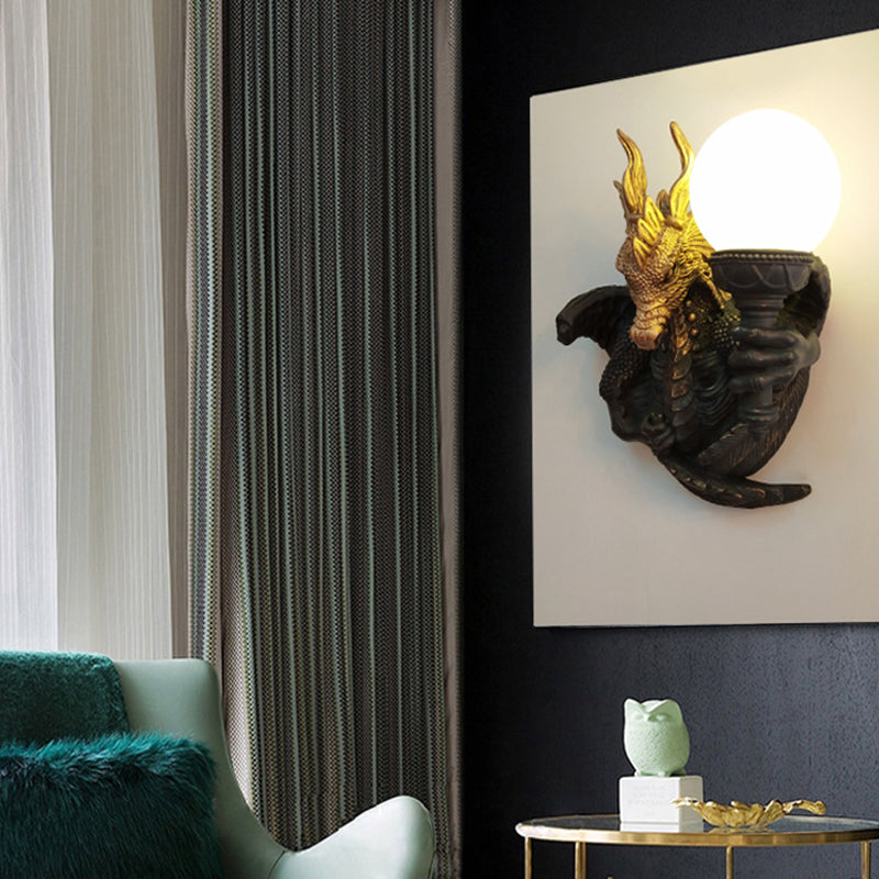 Black Glass Wall Sconce with Dragon Resin Backplate - Traditional Light Fixture