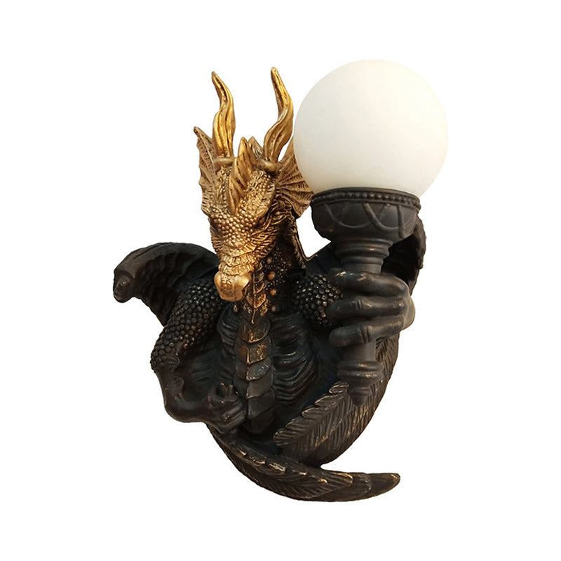 Black Glass Wall Sconce with Dragon Resin Backplate - Traditional Light Fixture