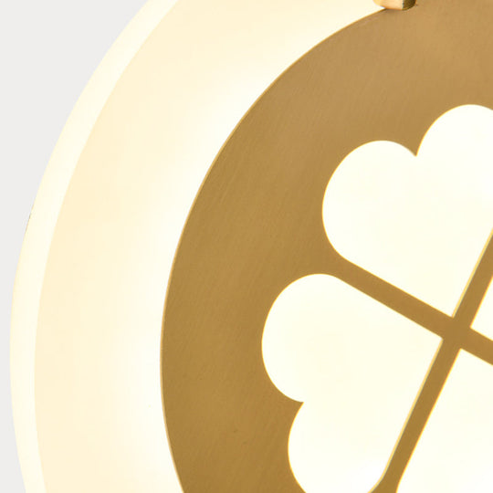 Brass/Black Metal Circle Sconce with Lucky Clover Pattern - LED Wall Light for Tradition Living Room