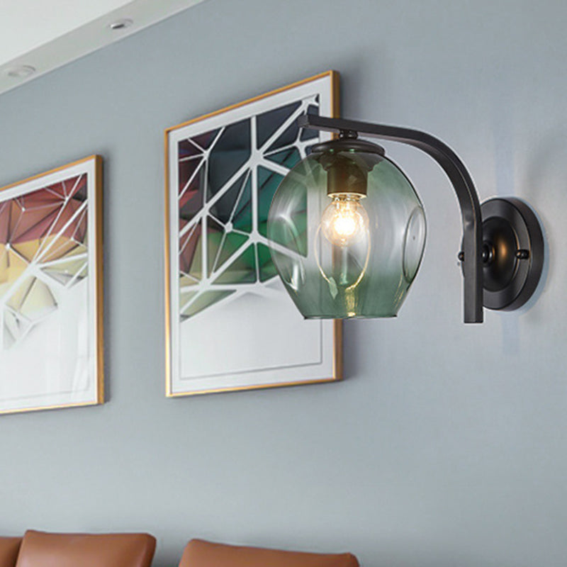 Modern Blown Glass Cup Sconce Wall Mounted Lighting - Blue/Green/Amber - 1 Head, Black/Gold Curved Arm - Bedside