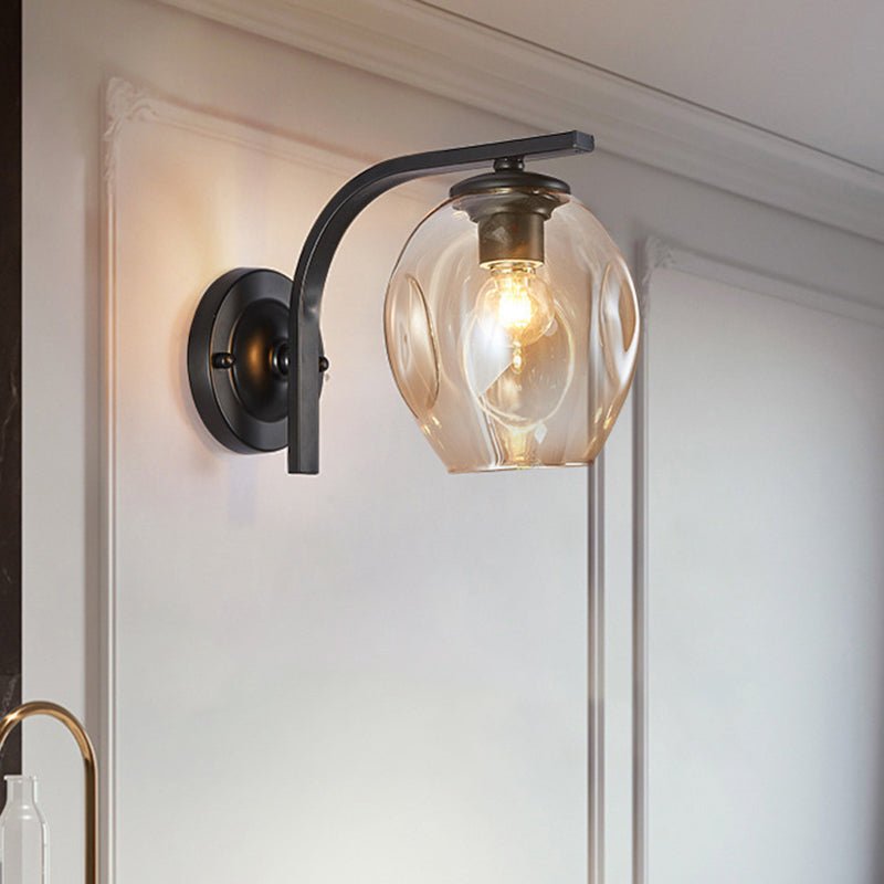 Modern Blown Glass Cup Sconce Wall Mounted Lighting - Blue/Green/Amber - 1 Head, Black/Gold Curved Arm - Bedside