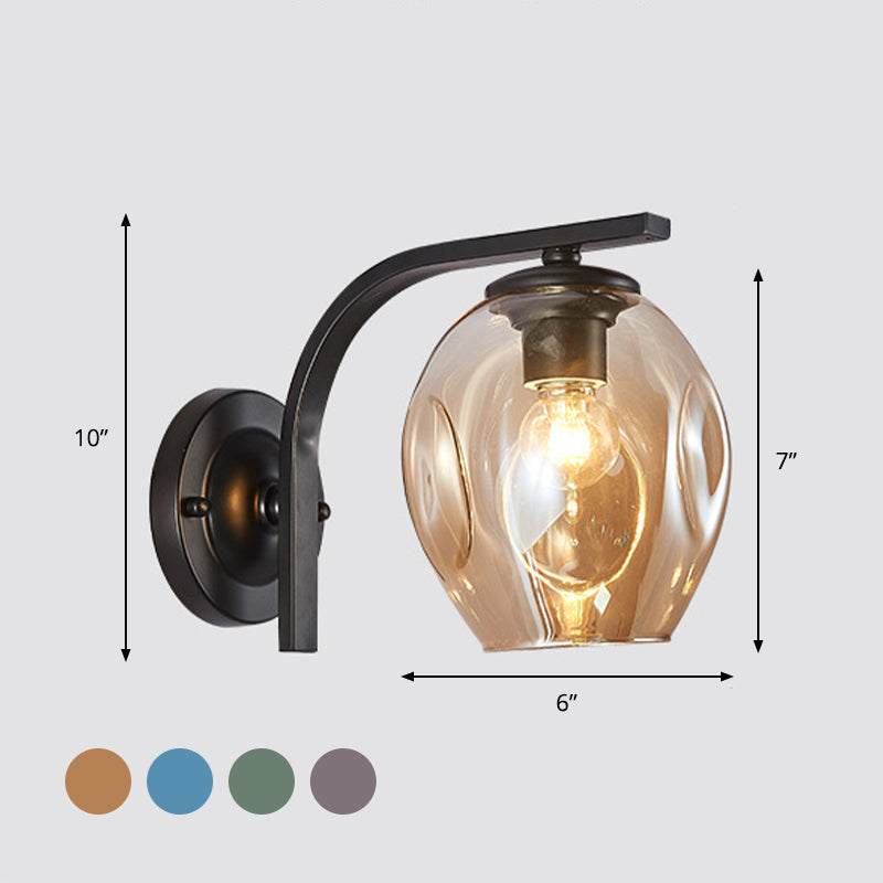Modern Blown Glass Cup Sconce Wall Mounted Lighting - Blue/Green/Amber - 1 Head, Black/Gold Curved Arm - Bedside
