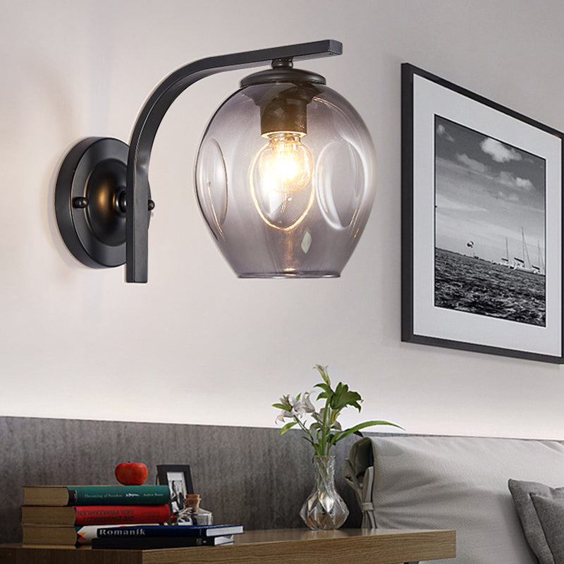 Modern Blown Glass Cup Sconce Wall Mounted Lighting - Blue/Green/Amber - 1 Head, Black/Gold Curved Arm - Bedside