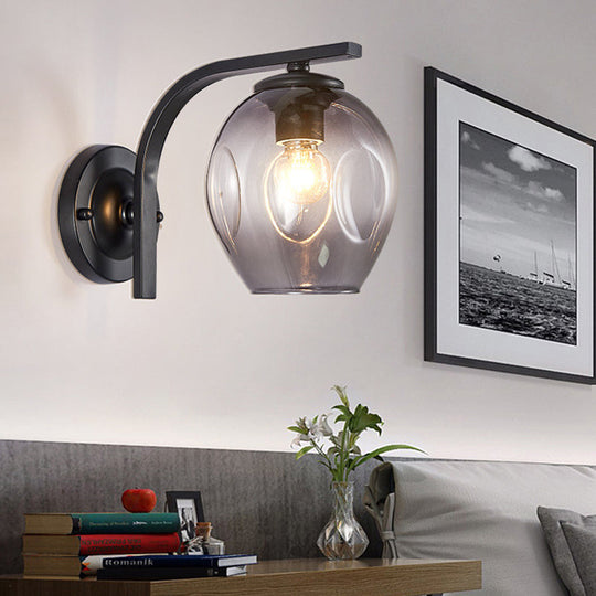 Modern Blown Glass Cup Sconce Wall Mounted Lighting - Blue/Green/Amber - 1 Head, Black/Gold Curved Arm - Bedside