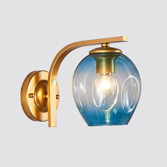 Modern Blown Glass Cup Sconce Wall Mounted Lighting - Blue/Green/Amber - 1 Head, Black/Gold Curved Arm - Bedside