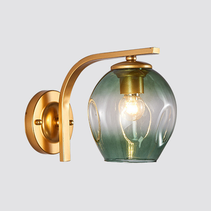 Modern Blown Glass Cup Sconce Wall Mounted Lighting - Blue/Green/Amber - 1 Head, Black/Gold Curved Arm - Bedside