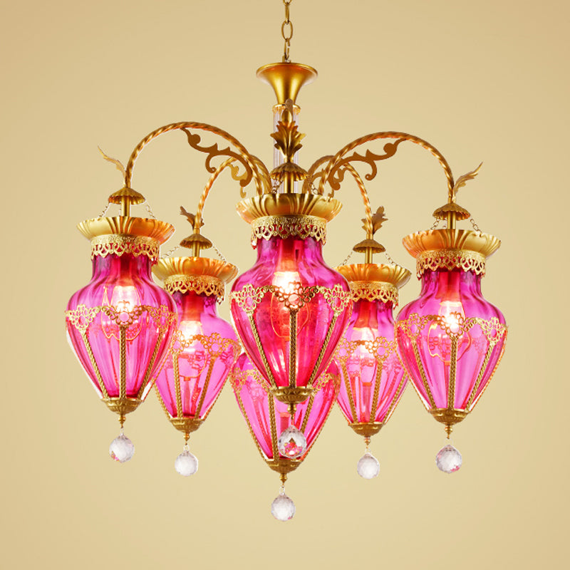 Restaurant Brass Chandelier with Curved Arms, 6 Multicolored Glass Suspension Pendants