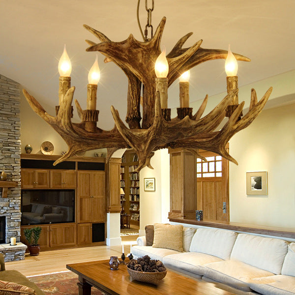 Rustic Faux Antler Chandelier – 5-Light Resin Pendant for Living Room