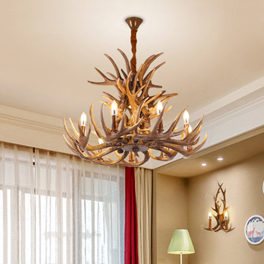 Rustic Deer Antler Chandelier - 21.5"/25.5"/27.5" Wide - 9/12 Heads - Resin Ceiling Light - Brown - Living Room