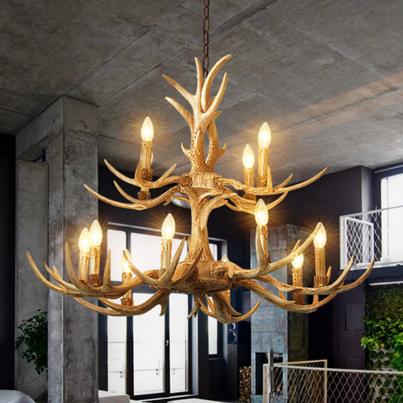 Farmhouse Chandelier: 12-Head 2-Tier Resin Hanging Lamp, Brown, Living Room Lighting