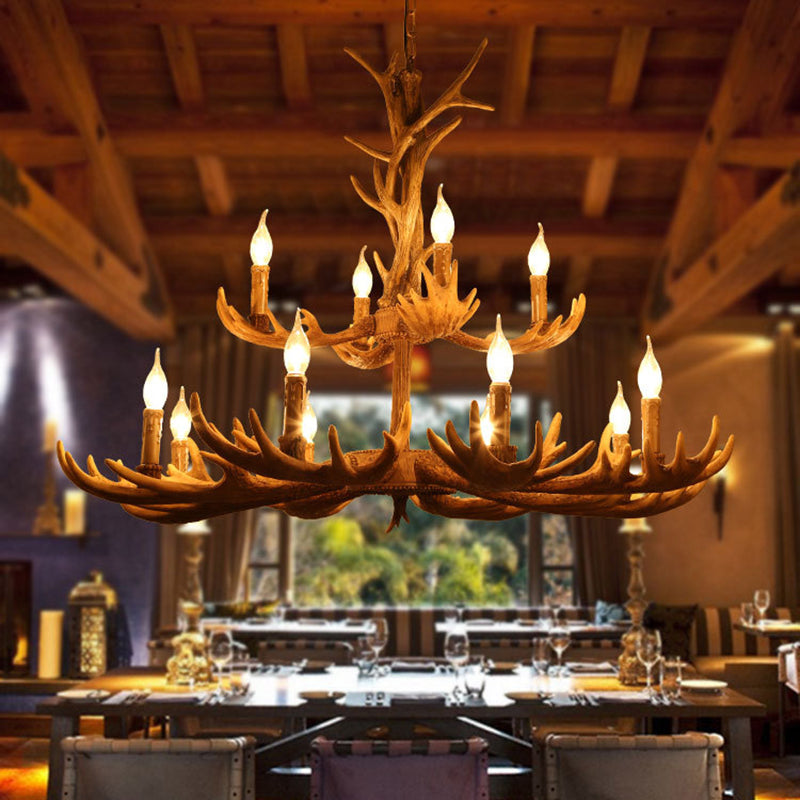 Deer Antler Resin Pendant Chandelier Rustic 12 Bulbs Living Room Suspension Hanging Light in Brown