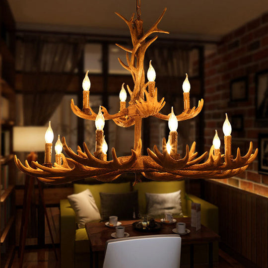 Rustic Deer Antler Resin Chandelier – Two-Tier 12-Light Pendant