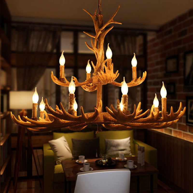 Deer Antler Resin Pendant Chandelier Rustic 12 Bulbs Living Room Suspension Hanging Light in Brown