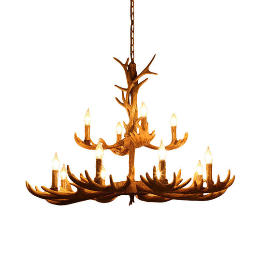Rustic Deer Antler Resin Chandelier – Two-Tier 12-Light Pendant