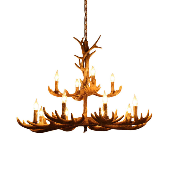 Deer Antler Resin Pendant Chandelier Rustic 12 Bulbs Living Room Suspension Hanging Light in Brown