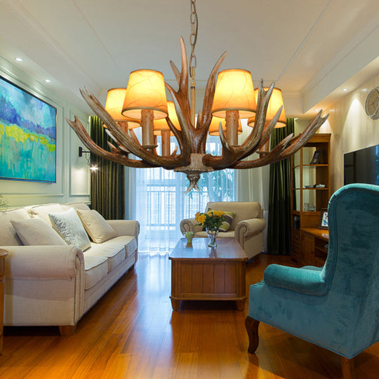 Brown Resin Branch Chandelier with Fabric Cone Shade - Traditional Pendant Light (4/6/8 Bulbs)