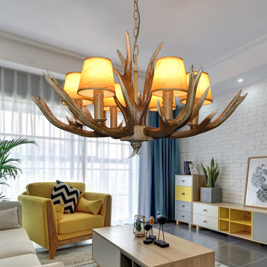 Brown Resin Branch Chandelier with Fabric Cone Shade - Traditional Pendant Light (4/6/8 Bulbs)