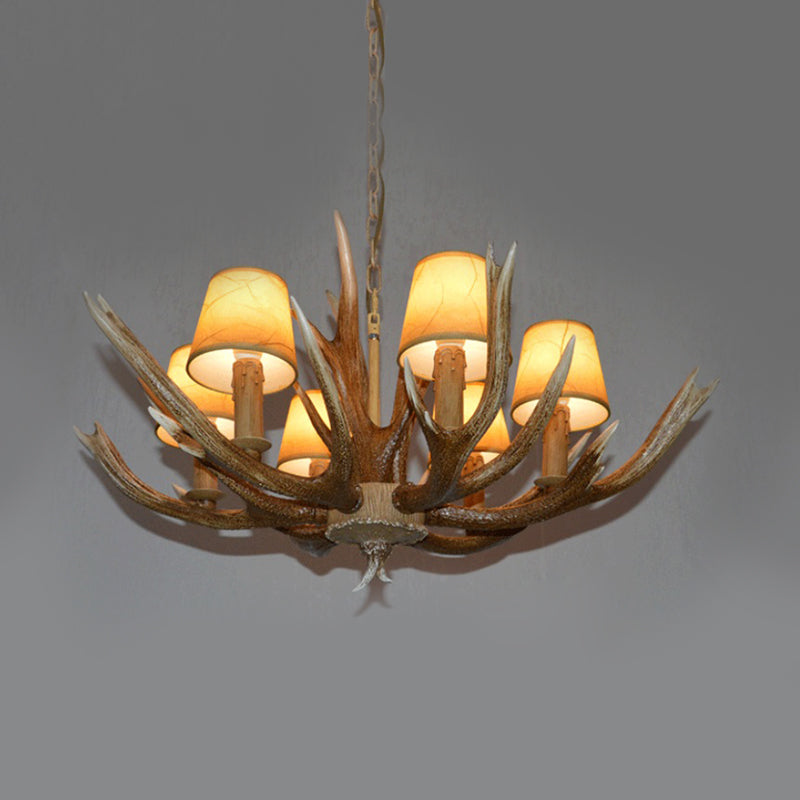 Brown Resin Branch Chandelier with Fabric Cone Shade - Traditional Pendant Light (4/6/8 Bulbs)