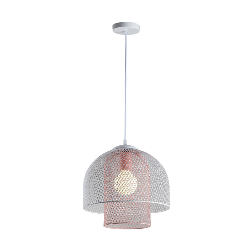 Contemporary Wire Mesh Pendant Lamp - Metallic 1 Light in White with Pink/Blue Hanging Design