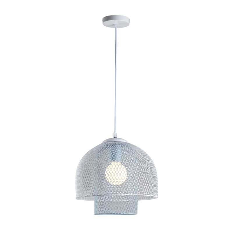 Contemporary Wire Mesh Pendant Lamp - Metallic 1 Light in White with Pink/Blue Hanging Design