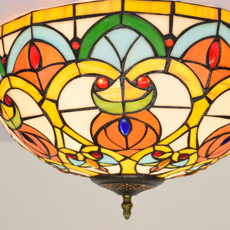 Baroque Bronze Stained Glass Dome Ceiling Lamp – 3-Light Flush Mount for Kitchen