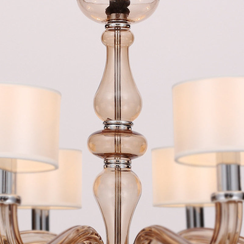 Sleek Traditionary Spuntik Chandelier Light with 6/8/12 Amber Glass Pendant Lamp Heads & White Fabric Drum Shade