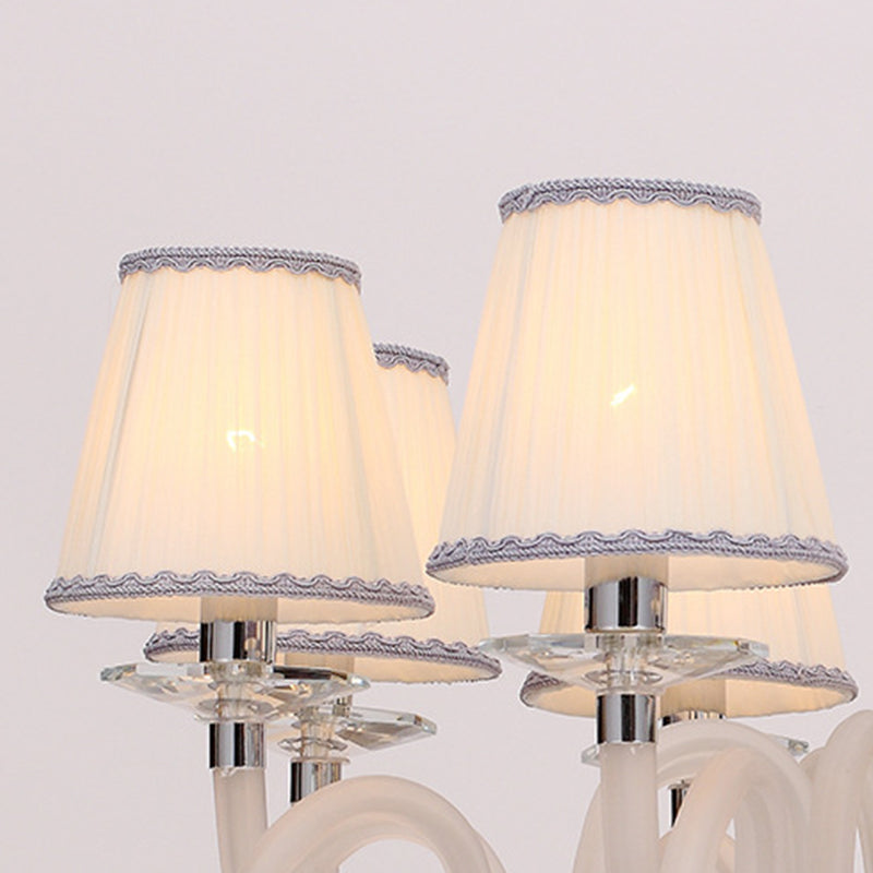 Swirled Arm Ceiling Chandelier - Vintage Design, 12 Lights, Glass Hanging Lamp with Cone Fabric Shade in Black/White/Red