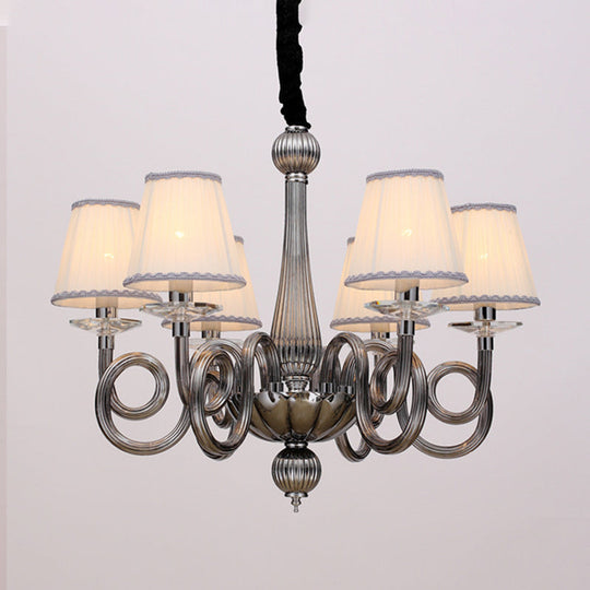 Swirled Arm Ceiling Chandelier - Vintage Design, 12 Lights, Glass Hanging Lamp with Cone Fabric Shade in Black/White/Red