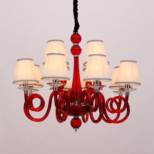 Swirled Arm Ceiling Chandelier - Vintage Design, 12 Lights, Glass Hanging Lamp with Cone Fabric Shade in Black/White/Red
