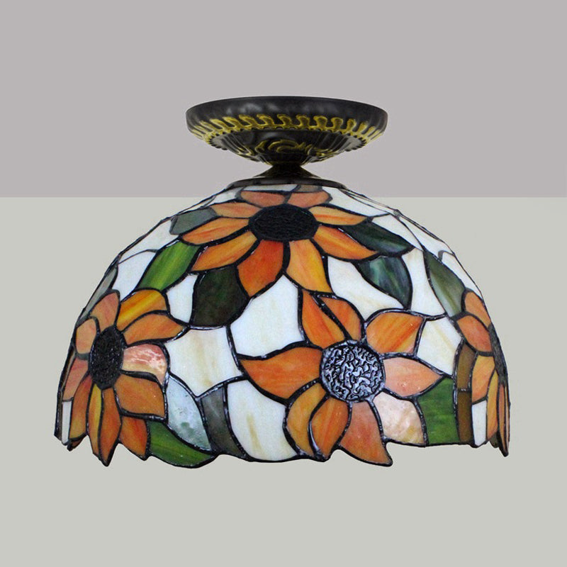 Sunflower Tiffany Stained Glass Ceiling Lamp - 1 Light, Brass Flush Mount