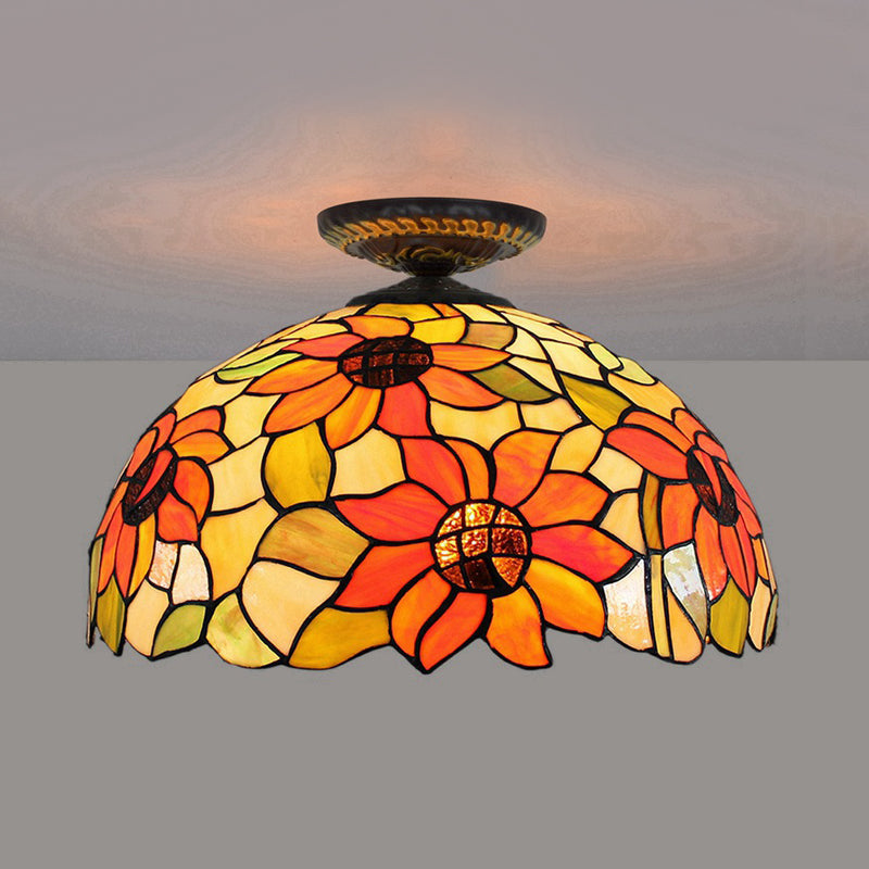 Sunflower Tiffany Stained Glass Ceiling Lamp - 1 Light, Brass Flush Mount