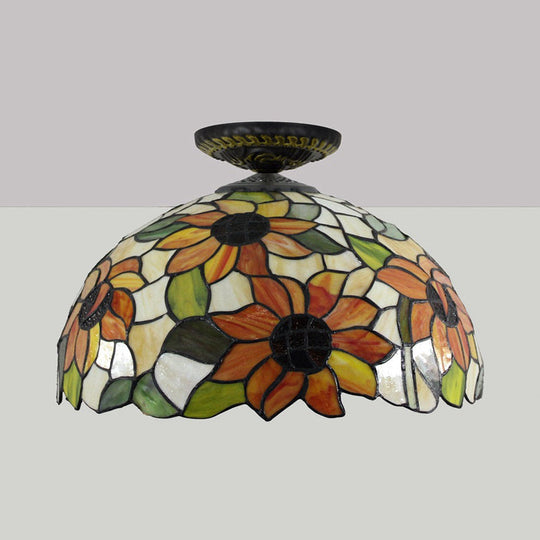 Sunflower Tiffany Stained Glass Ceiling Lamp - 1 Light, Brass Flush Mount